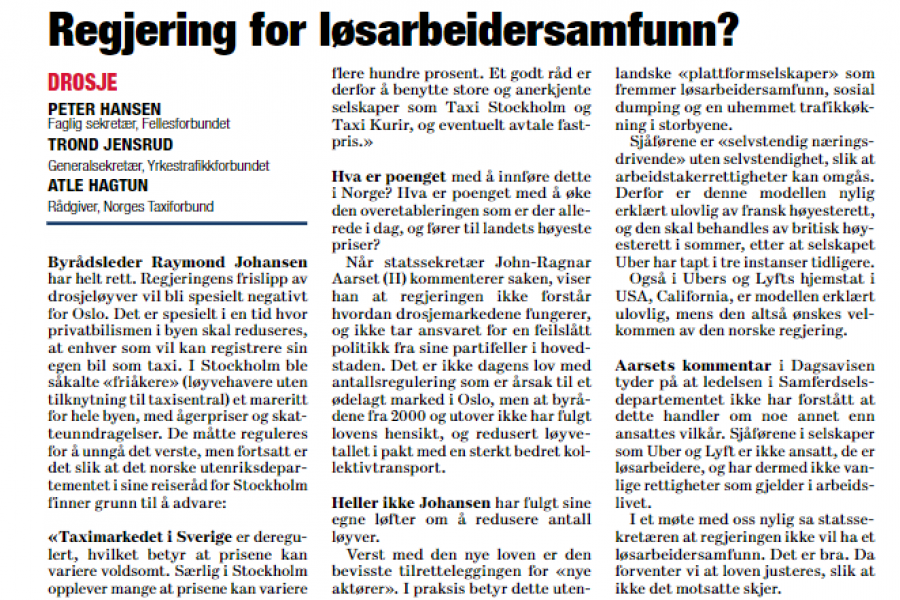 YTFs generalsekretær Trond Jensrud skriver om frislipp i drosjeløyver.